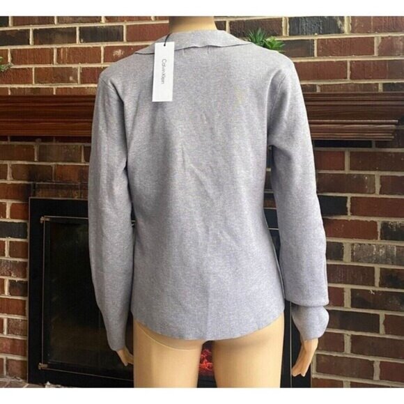 Calvin Klein Women's Shirt V-Neck Long Sleeve Sequin Collared Gray Size M New - Picture 4 of 14